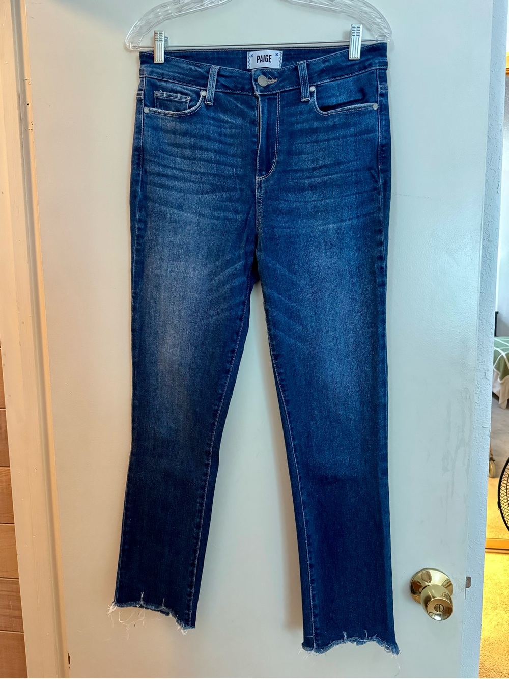 PAIGE Hoxton Slim Midnight Blue High-Rise Straight Raw Hem Jeans 29